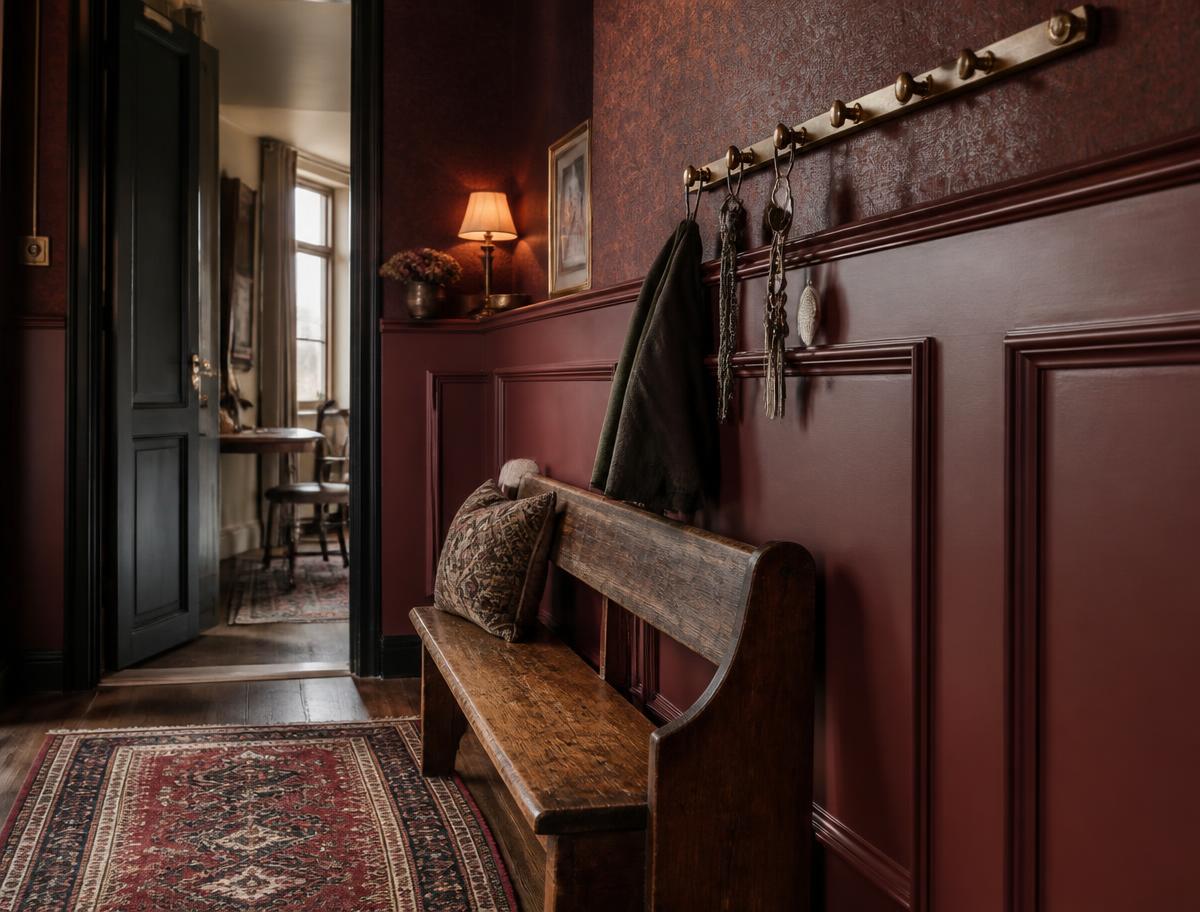 Entré med bordeaux panelvæg, antik bænk og messingkroge